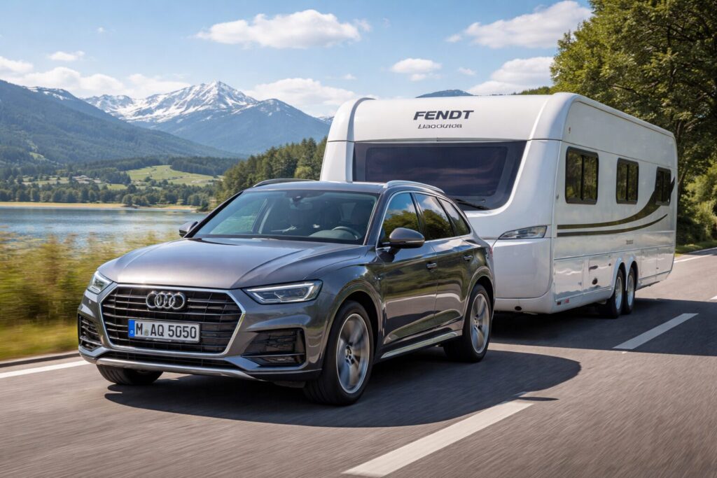 waar moet je op letten bij het kopen van een caravan - Auto die een Fendt caravan trekt op een bergweg