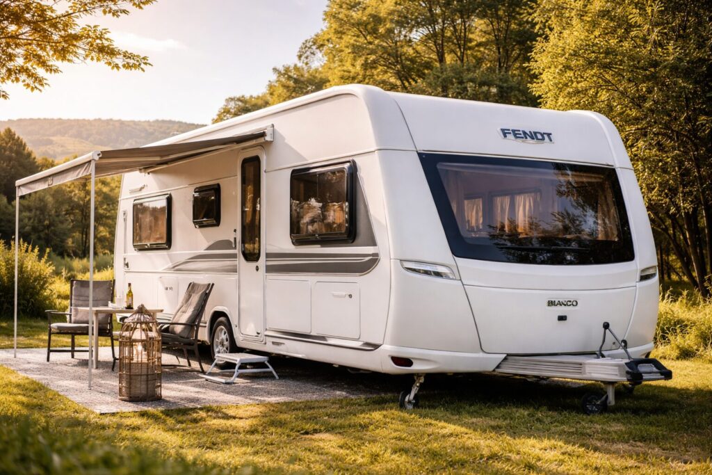 Fendt caravan op camping in de natuur, ideaal voor de afweging caravan kopen of huren