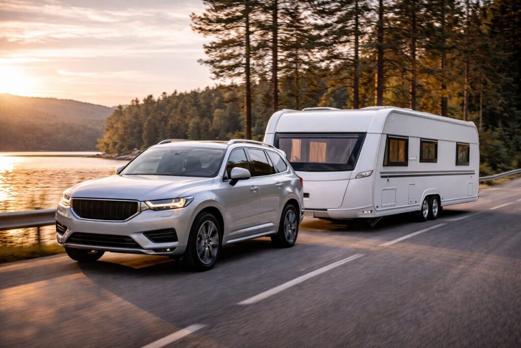 Auto met caravan rijdend langs meer in de natuur, illustratie van vrijheid bij caravan kopen of huren
