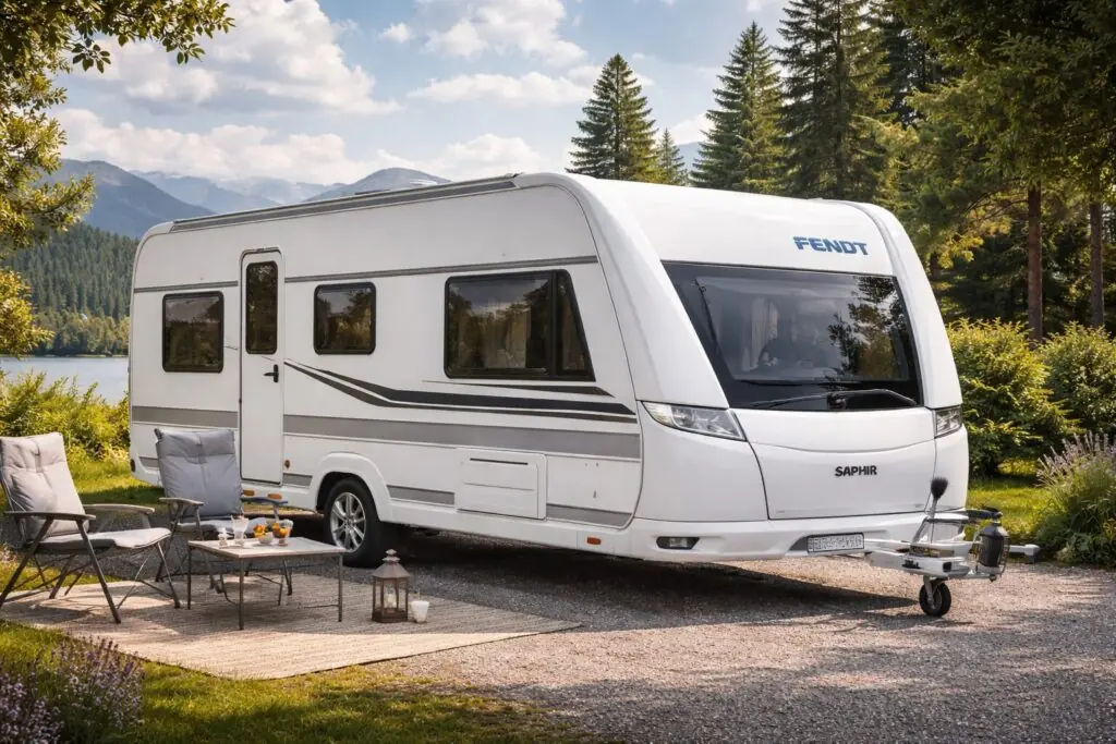 Wat zijn de beste caravans – luxe Fendt caravan op een camping in de natuur