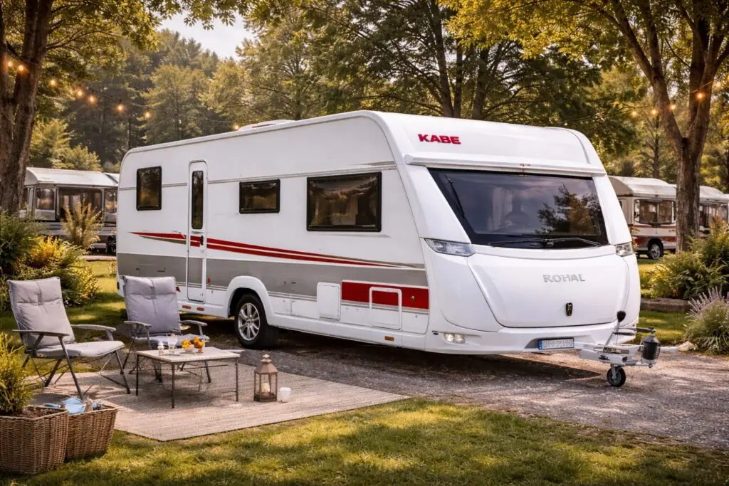 Wat zijn de beste caravans – Kabe caravan op een camping met comfortabele kampeerplek