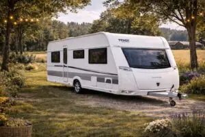 Wat zijn de beste caravans – Fendt caravan op een rustige camping in het landelijke gebied