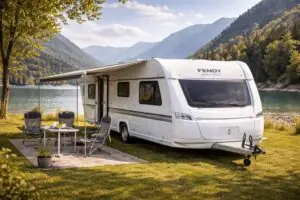 Fendt caravan op een grasveld bij een meer met campingstoelen en luifel - waar moet je op letten bij het kopen van een caravan