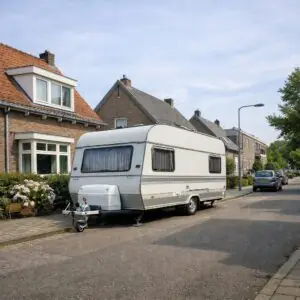 Hoelang mag een caravan voor de deur staan – caravan geparkeerd in een woonstraat voor een huis in Nederland